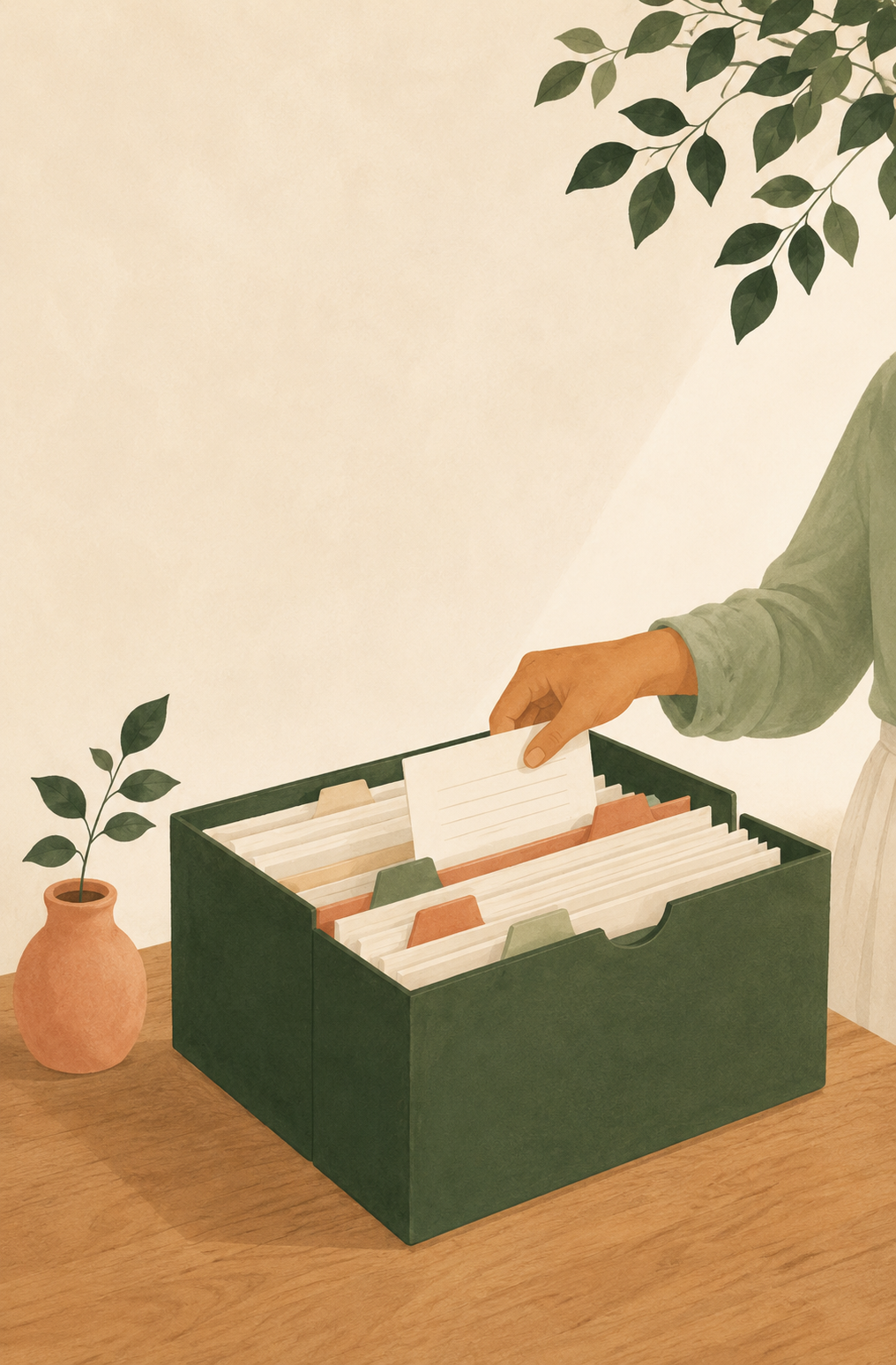 Ilustração: caixa verde de arquivos com divisórias organizadas, uma mão guardando um documento