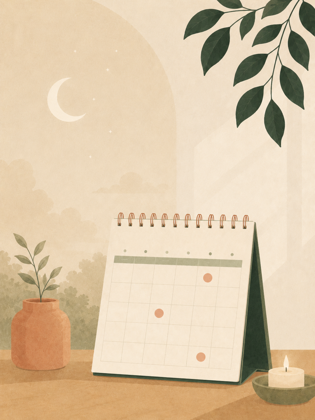 Ilustração: calendário na parede com datas marcadas, lua crescente e vela acesa