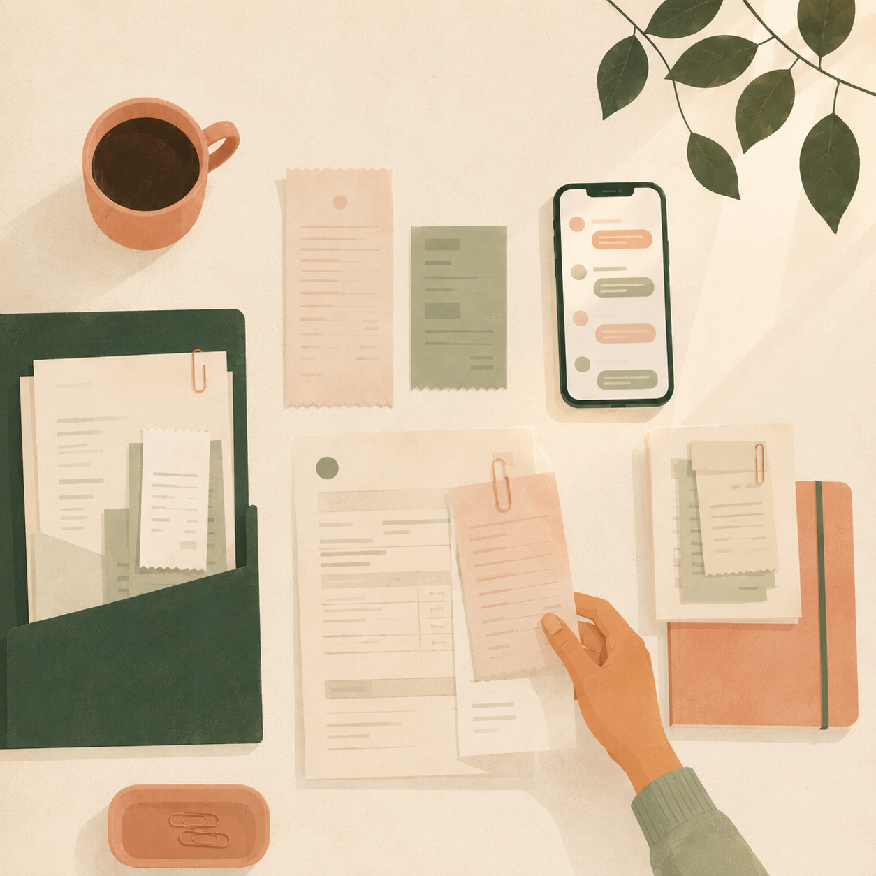 Ilustração: mesa vista de cima com documentos, recibos e celular organizados