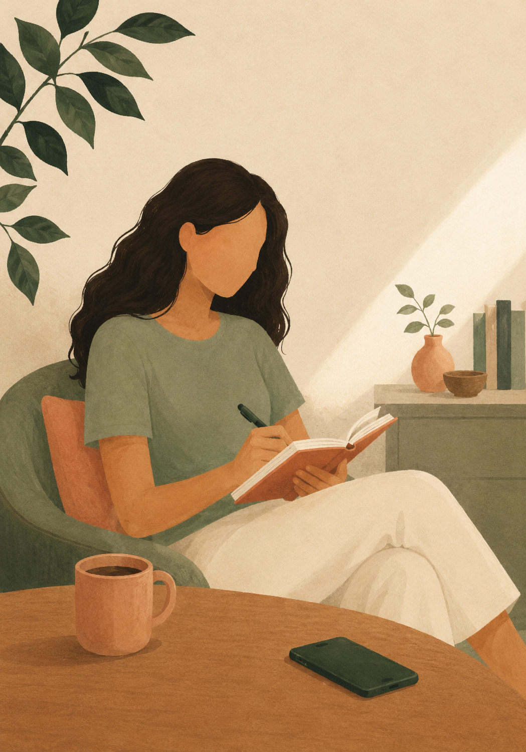 Ilustração: mulher escrevendo o próprio relato em um caderno, na poltrona de casa