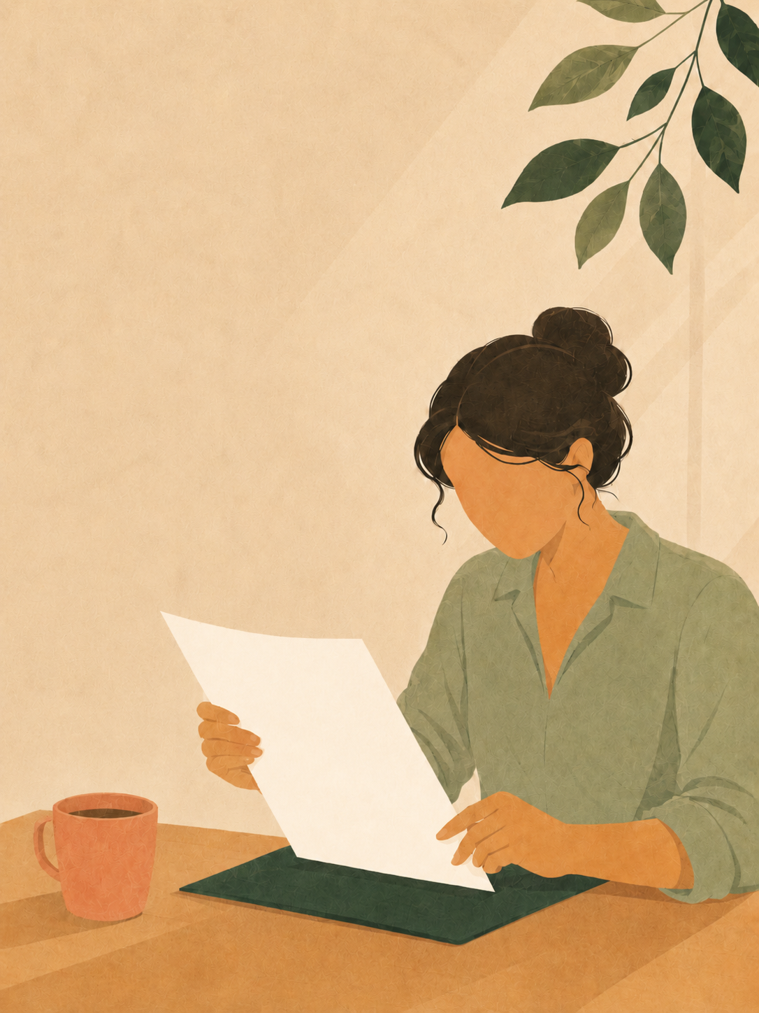 Ilustração: mulher lendo uma carta com atenção, sobre uma pasta verde