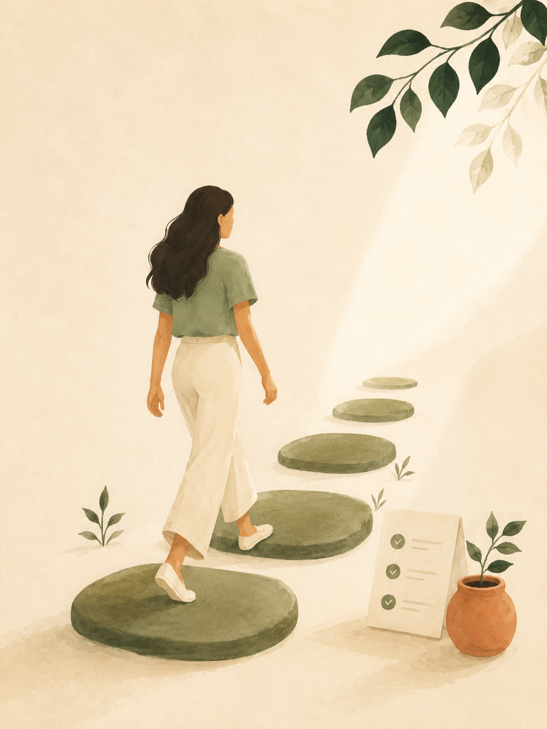 Ilustração: mulher subindo um caminho de pedras largas em direção à luz